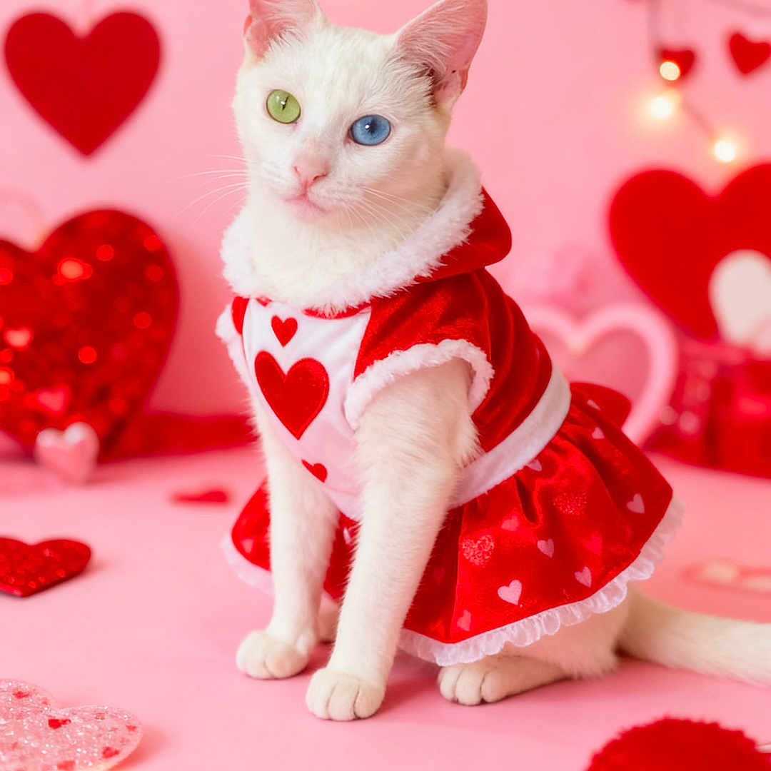 Bianca is registered to the contest to win money with this photo: adorable, blue_eye, cat, costume, cute, decorations, feline, green_eye, heart_pattern, hearts, heterochromia, holiday_theme, lights, pet, pink_background, portrait, red_dress, sitting, valentines_day, white_cat