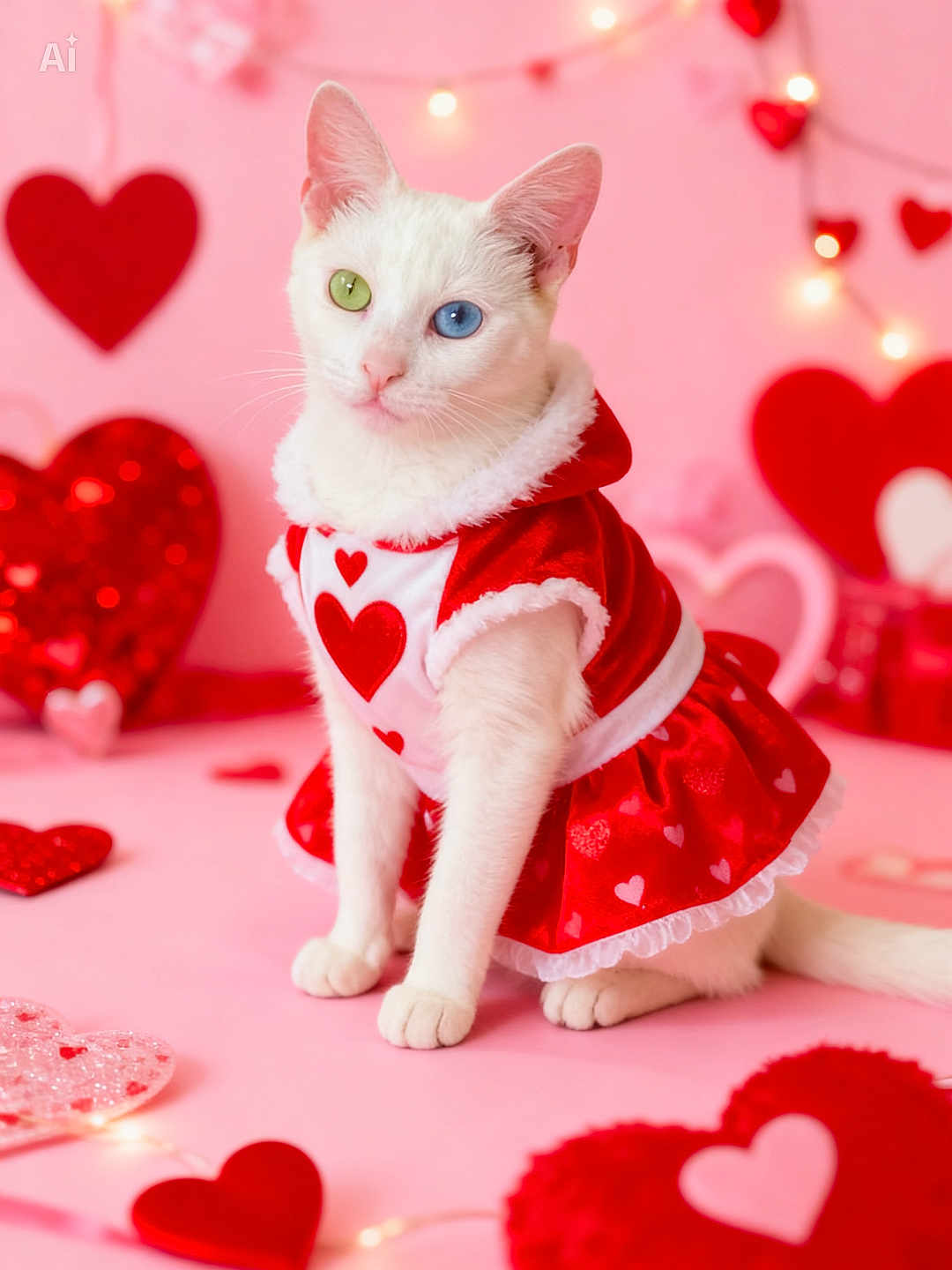 Bianca is registered to the contest to win money with this photo: adorable, blue_eye, cat, costume, cute, decorations, feline, green_eye, heart_pattern, hearts, heterochromia, holiday_theme, lights, pet, pink_background, portrait, red_dress, sitting, valentines_day, white_cat