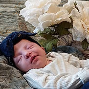 Vivian is registered to the contest to win money with this photo: baby, sleeping, hat, blanket, white_flowers, wood_background, soft_texture, cozy, infant, portrait, child, peaceful, resting, indoor, cute, headwear, closeup, face, clothing, newborn