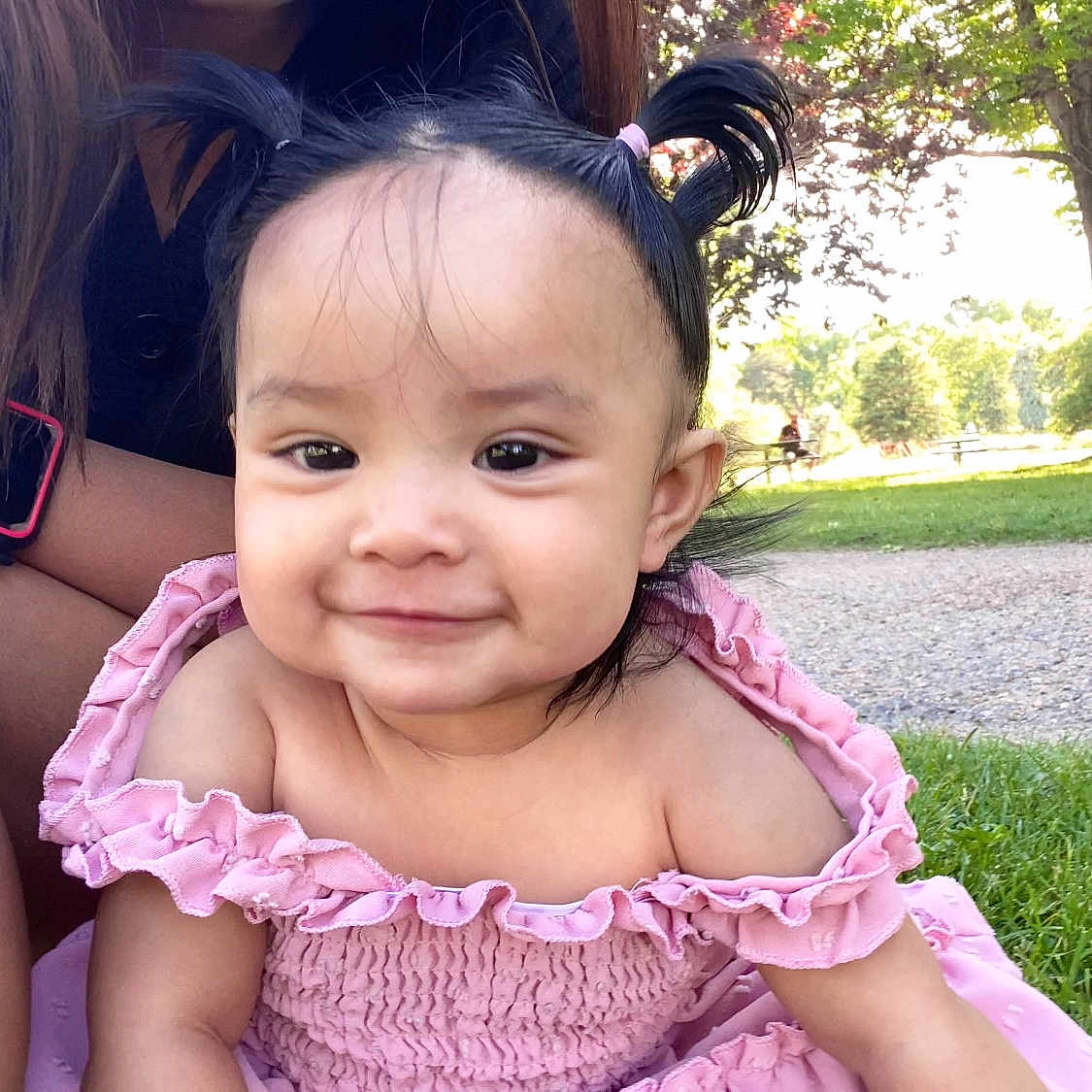Ailany joined the competition — help win amazing prizes! baby, bodypart, clothing, dress, face, grass, happy, head, laughing, lawn, nature, outdoors, park, person, photography, plant, portrait, shoulder, smile, tree