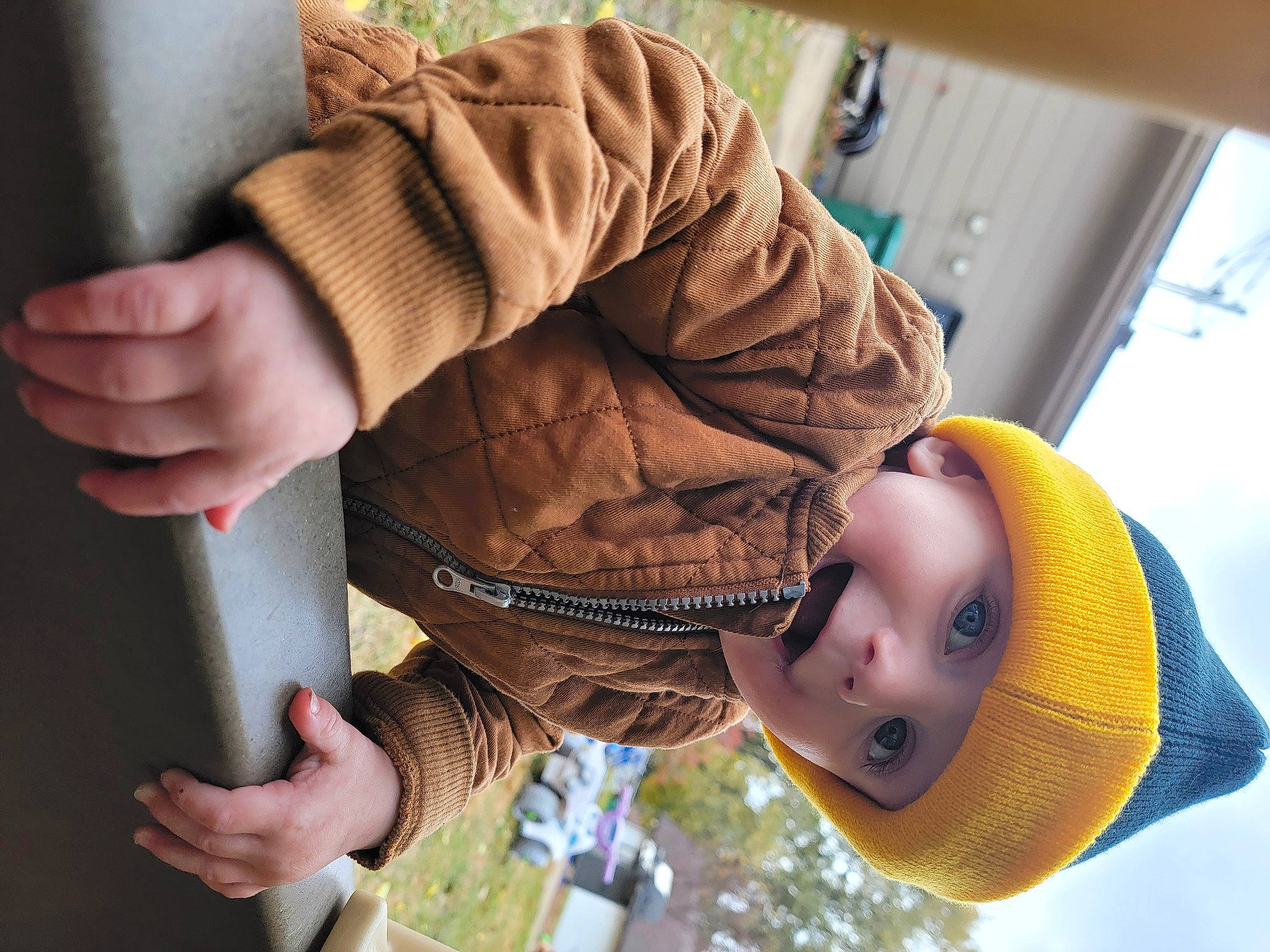 Trevor is registered to the contest to win money with this photo: baby, child, food, fun, gesture, happy, hat, headwear, leisure, person, sitting, thumb, toddler, tree, wrist