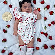 Leilani is registered to the contest to win money with this photo: baby, infant, strawberries, white_blanket, wooden_plaque, cute, smiling, outdoor, headband, dress, socks, grass, nature, child, portrait, happy, summer, fresh_fruit, lying_down, celebration