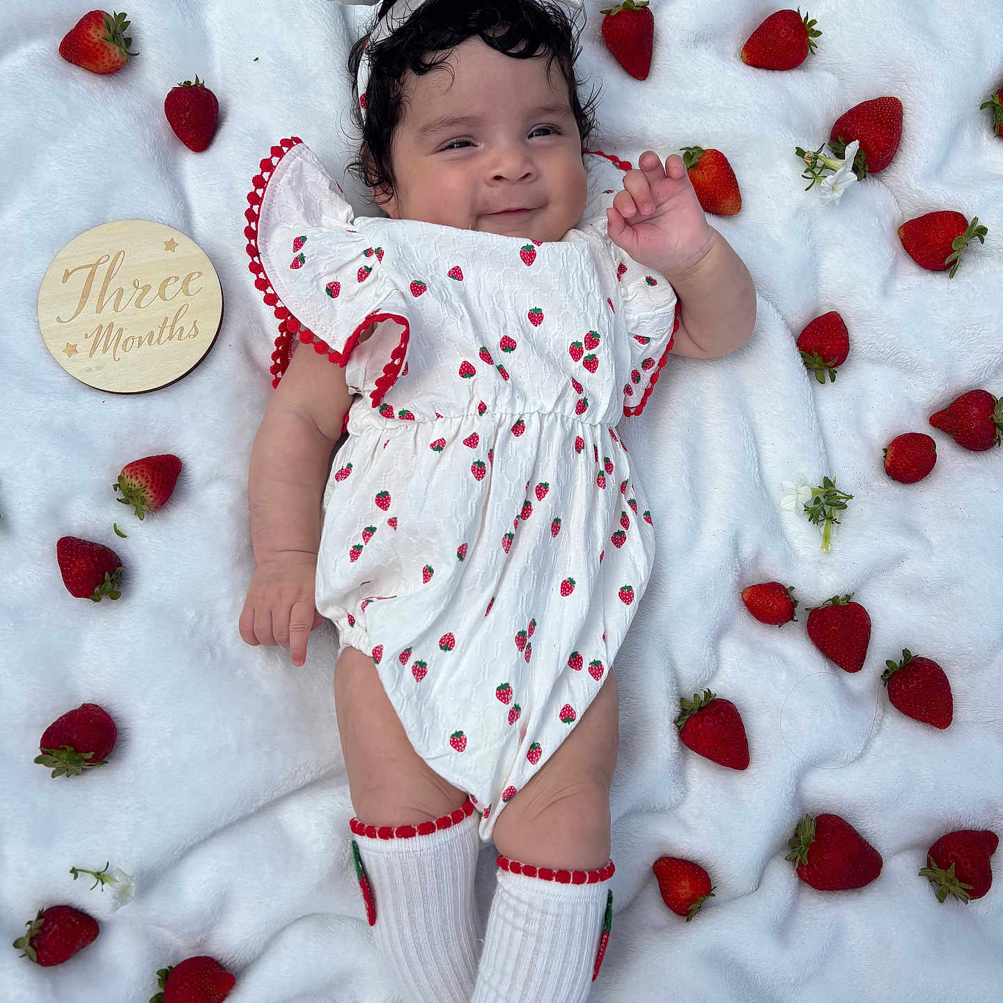 Leilani is registered to the contest to win money with this photo: baby, infant, strawberries, white_blanket, wooden_plaque, cute, smiling, outdoor, headband, dress, socks, grass, nature, child, portrait, happy, summer, fresh_fruit, lying_down, celebration