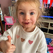 Ambre participe au concours pour gagner de l'argent avec cette photo : child, girl, toddler, blue_eyes, messy_hair, chocolate_smile, thumbs_up, white_sweater, heart_pattern, indoor, living_room, television, bookshelf, toy_chair, pink_toy, bedspread, portrait, close_up, smile, playtime