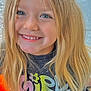 Velouria joined the competition — help win amazing prizes! child, girl, smile, blonde_hair, blue_eyes, tshirt, colorful_text, portrait, happy, face, long_hair, casual_clothing, indoor, closeup, youth, cute, person, joyful, childhood, fashion