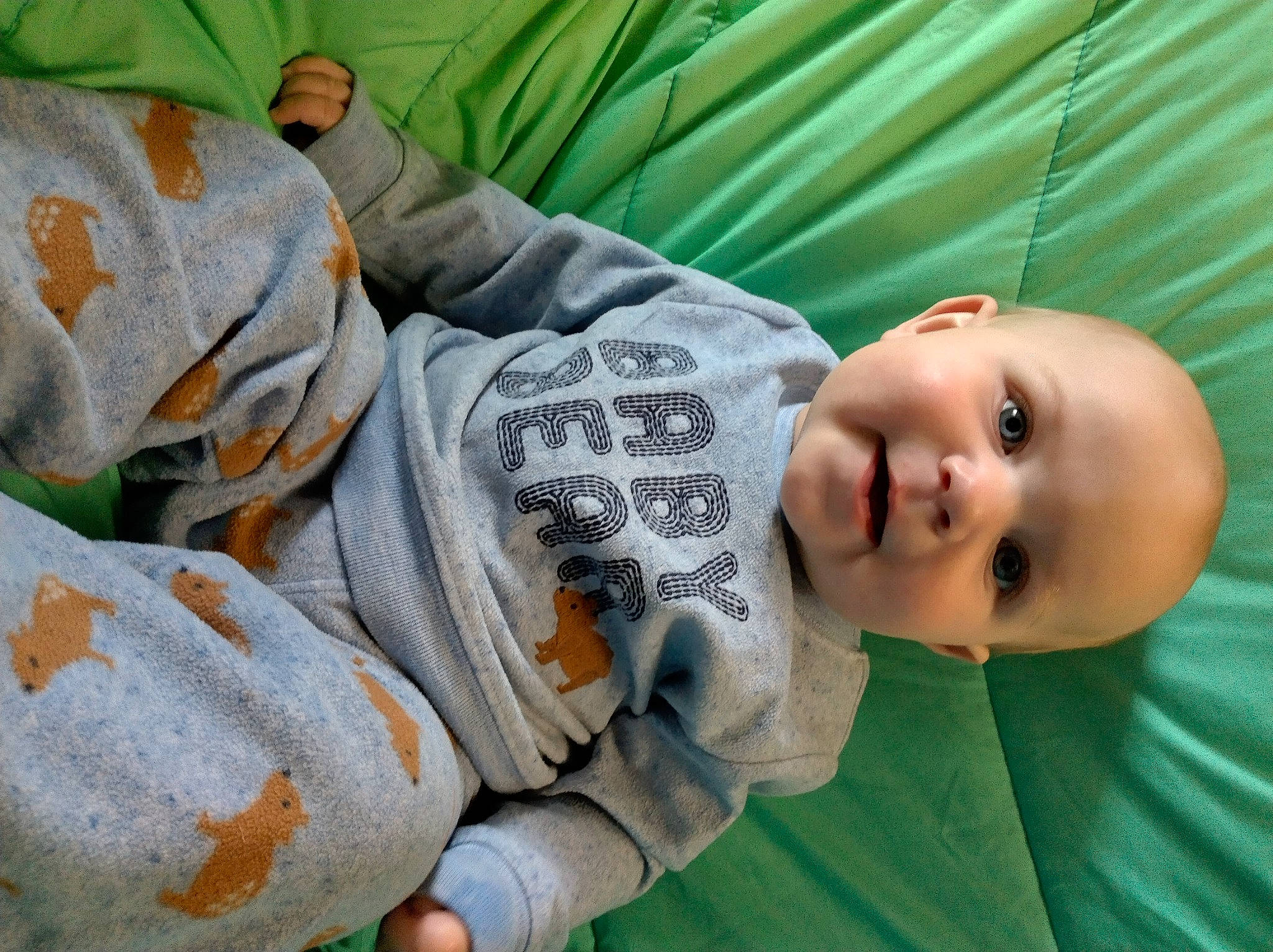 Chayse joined the competition — help win amazing prizes! baby, baby_products, baby_toddler_clothing, cheek, child, comfort, eye, facial_expression, grass, happy, human_body, linens, mammal, mouth, nose, person, product, skin, sleeve, smile