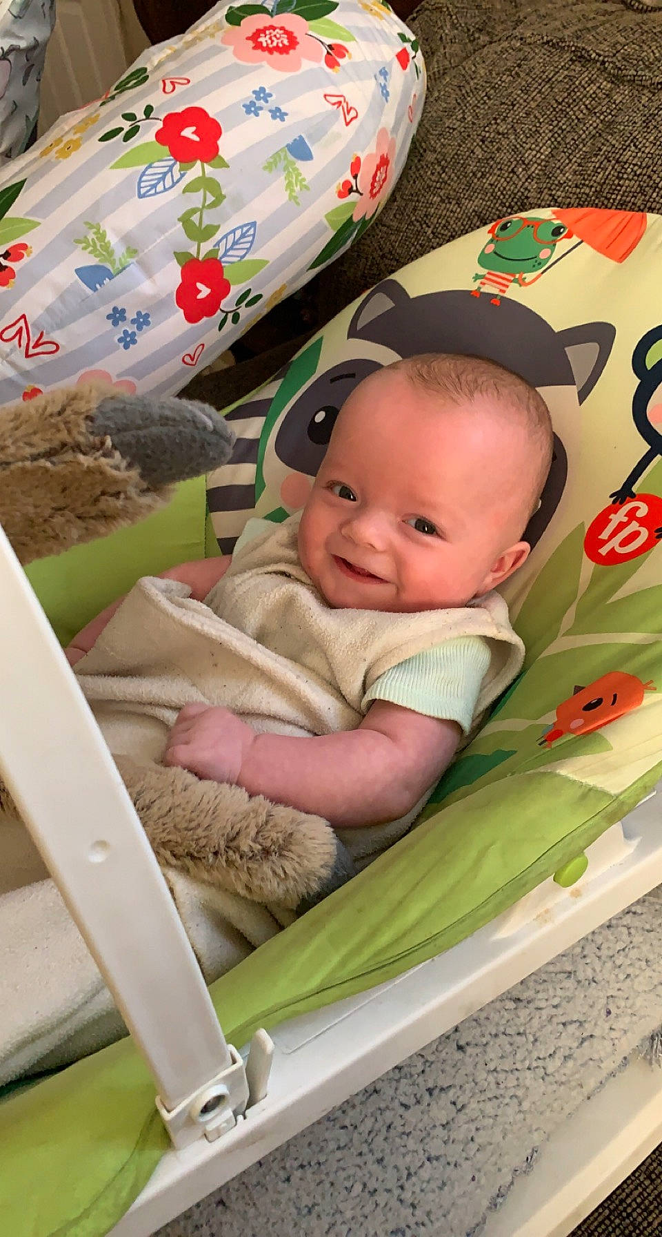 Bentley is registered to the contest to win money with this photo: baby, baby_products, baby_safety, baby_toddler_clothing, cap, carmine, cheek, child, chin, fun, happy, joy, linens, pattern, person, product, room, sitting, skin, sleeve