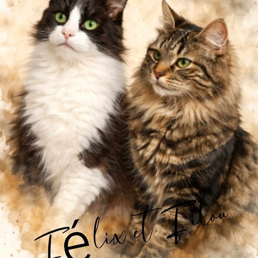 Félix Et Filou participe au concours pour gagner de l'argent avec cette photo : animal, artistic_background, black_and_white_cat, cat, cute, domestic_animal, ears, feline, fluffy_fur, furry, green_eyes, looking_away, mammal, pet, portrait, sitting, tabby_cat, two_cats, watercolor_effect, whiskers