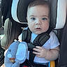 Michael joined the competition — help win amazing prizes! baby, car_seat, child, toy, rattle, soft_toy, seatbelt, infant, child_seat, blue_eyes, shorts, white_shirt, car_interior, safety, cute, young_child, hands, expression, daylight, portrait