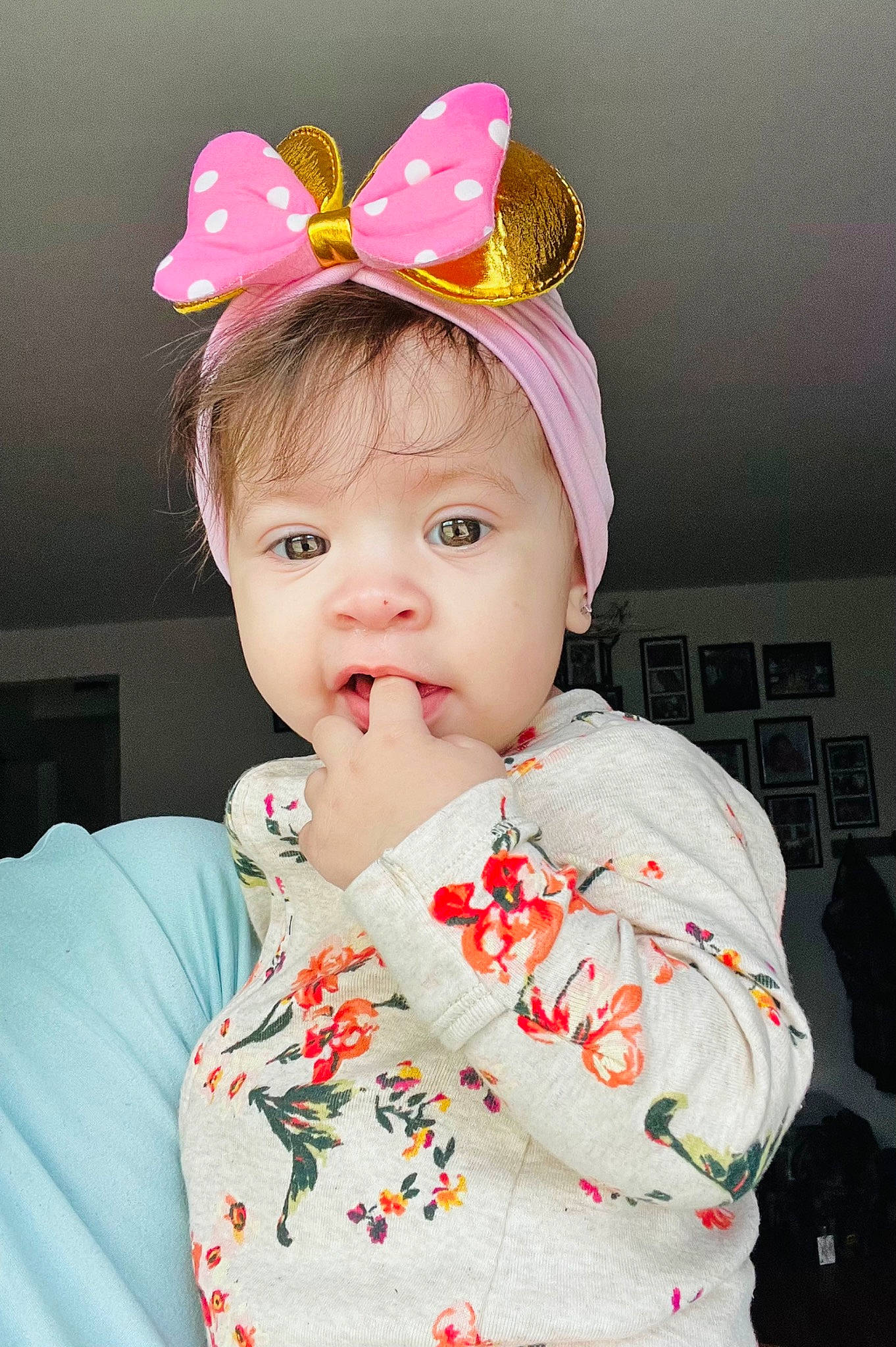 Faith joined the competition — help win amazing prizes! baby, baby_toddler_clothing, child, chin, costume_hat, dress, ear, eye, hairstyle, happy, head, headband, headgear, headpiece, human_body, party_hat, person, pink, skin, sleeve