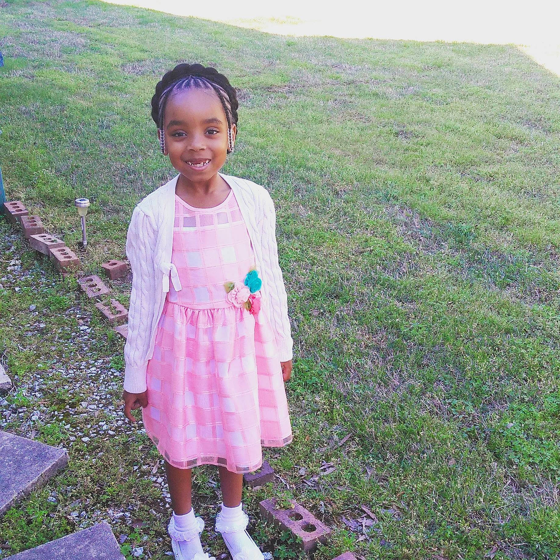 Braylee joined the competition — help win amazing prizes! child, clothing, dress, flower, fun, girl, grass, happiness, joy, meadow, outerwear, pattern, person, pink, plant, rural_area, smile, standing, summer, toddler