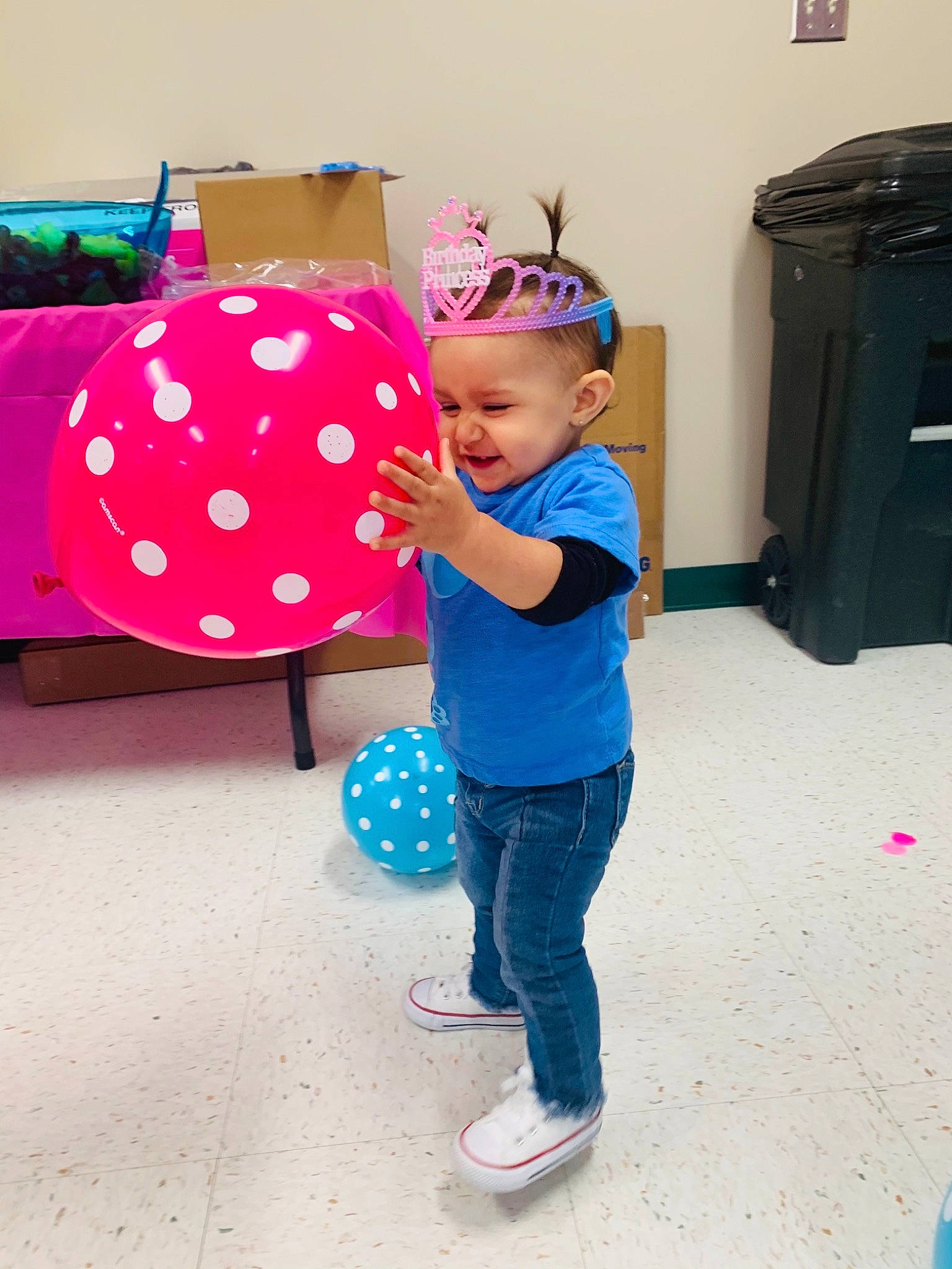 Makennah joined the competition — help win amazing prizes! baby, baby_toddler_clothing, child, hair_accessory, headband, headpiece, magenta, party_supply, person, pink, play, playing_with_kids, polka_dot, recycling_bin, shoulder_bag, teal, toddler, walking_shoe, waste_container, waste_containment