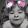 Freÿja a rejoint le concours — aidez-le/la à gagner de superbes lots ! child, face, portrait, filter, flower, cat_ears, whiskers, black_and_white, indoor, smile, clothing, young, baby, cute, head, person, playful, digital_effect, closeup, happy