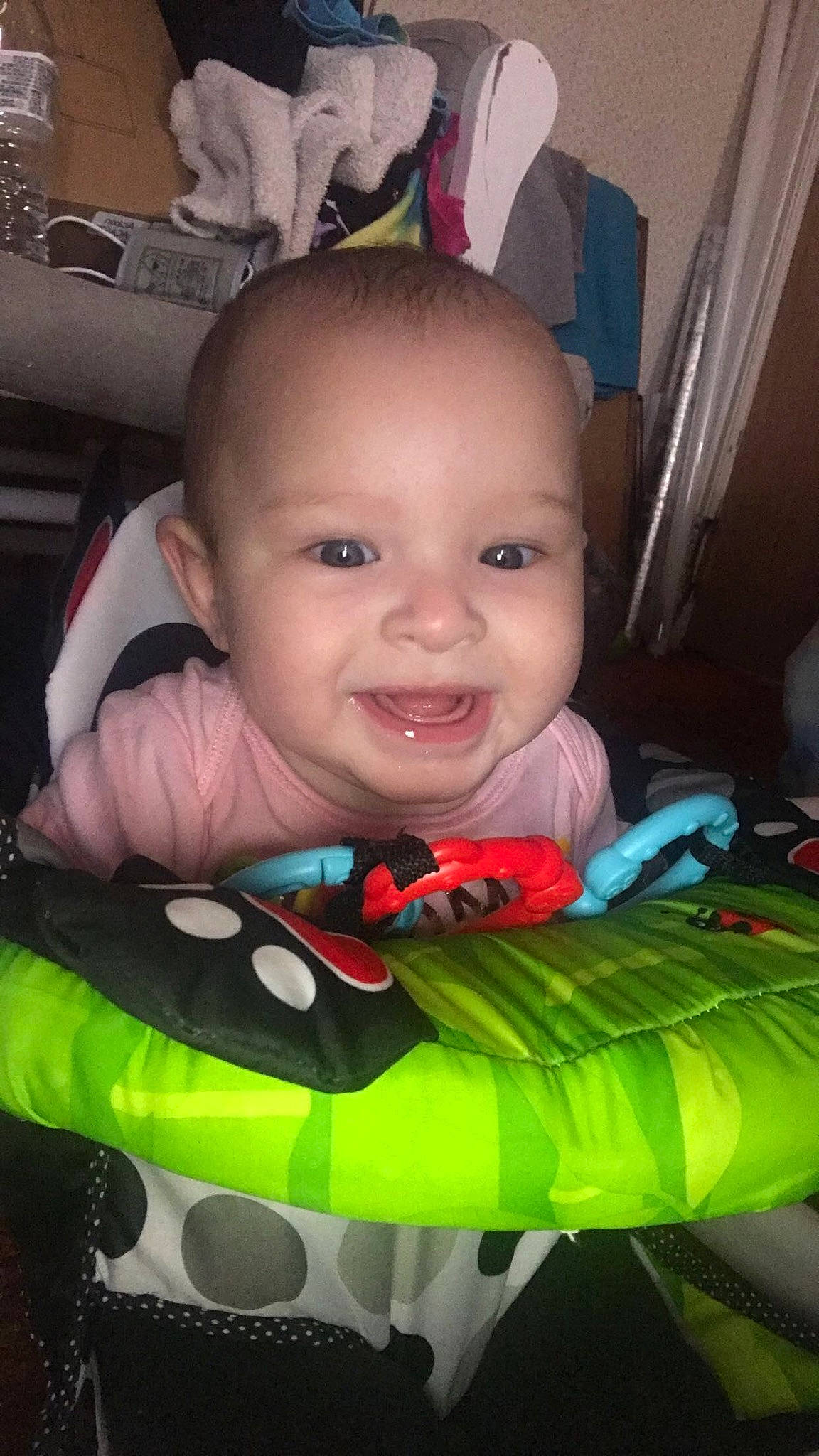 Karma is registered to the contest to win money with this photo: baby, baby_carriage, baby_products, baby_safety, baby_toddler_clothing, cheek, child, curtain, event, fun, happy, iris, joy, linens, magenta, person, pink, room, sitting, smile