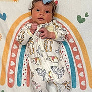 Conley joined the competition — help win amazing prizes! baby, infant, blue_bow, onesie, winnie_the_pooh, tigger, piglet, eeyore, rainbow, blanket, heart_pattern, sun_pattern, cute, child, lying_down, soft_texture, colorful, portrait, adorable, cozy