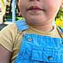 Jordan a rejoint le concours — aidez-le/la à gagner de superbes lots ! child, toddler, face, closeup, outdoor, cap, overalls, blue_clothing, yellow_shirt, curly_hair, expression, portrait, daylight, nature, blurred_background, cute, casual_clothing, person, young_child, sunlight