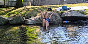 Eleena a rejoint le concours — aidez-le/la à gagner de superbes lots ! child, smiling, water, creek, rocks, trees, sunlight, nature, outdoor, happy, summer, play, water_reflection, grass, backpack, shoes, towel, park, river, daylight