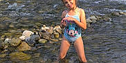 Eleena participe au concours pour gagner de l'argent avec cette photo : child, cute, fun, girl, greenery, nature, outdoor, playful, river, rocks, smile, standing, stream, summer, sunlight, swimsuit, trees, water, water_wading, winking