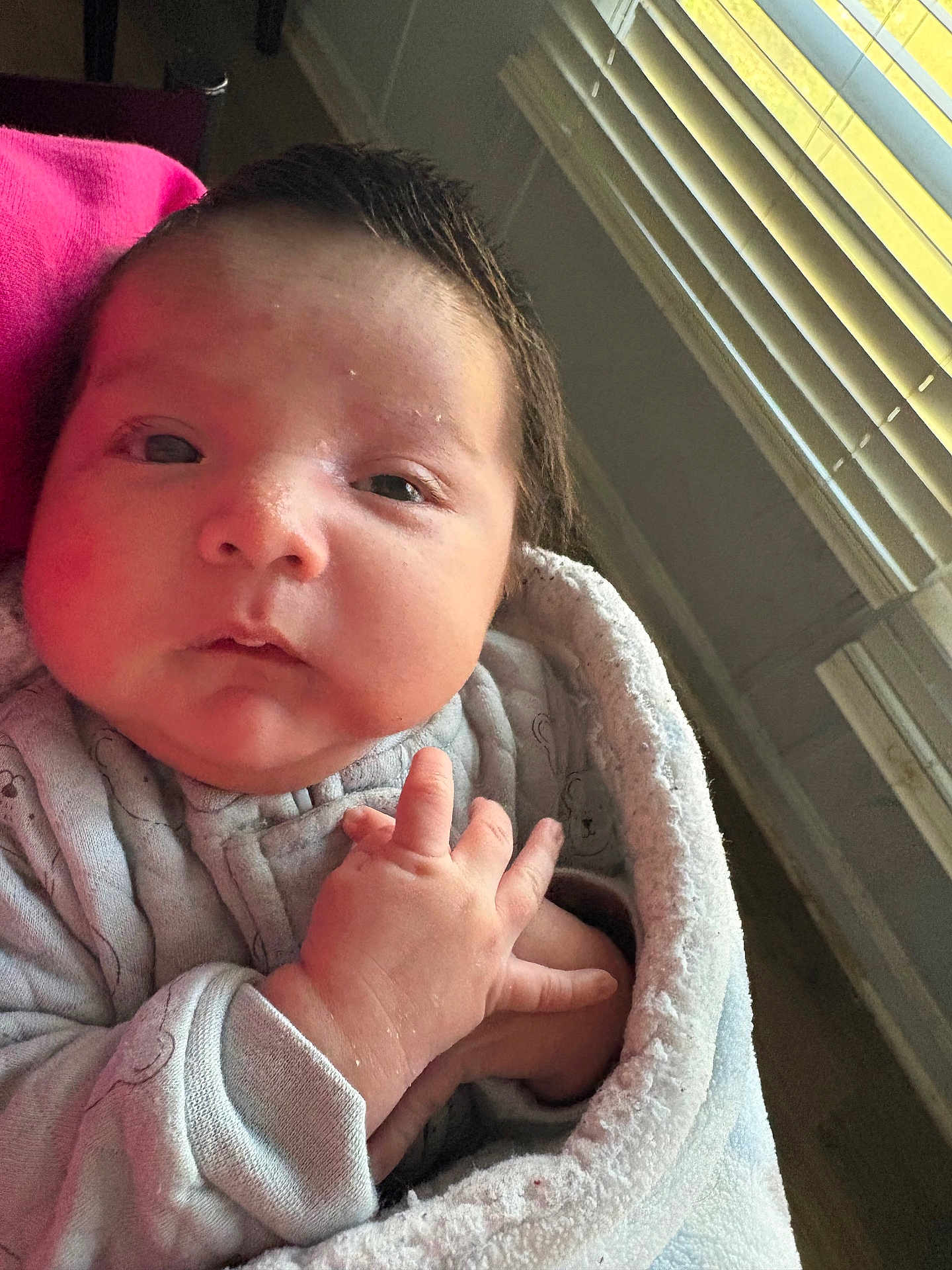 Adrian is registered to the contest to win money with this photo: baby, newborn, infant, face, hand, blanket, cozy, indoors, window, light, curious, wrapped, soft, portrait, child, sleepwear, cute, human, person, skin