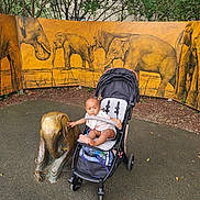 Karter joined the competition — help win amazing prizes! art, baby, bronze_statue, child, clothing, elephant, footwear, greenery, ground, mural, nature, outdoor, park, person, playground, sculpture, serious_expression, shade, stroller, wall_art