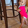Karter joined the competition — help win amazing prizes! baby, barefoot, candid, carpet, cheeky, child, cute, face, floor, furniture, home, indoor, infant, onesie, person, red_clothing, smiling, standing, wooden_chair, young_child