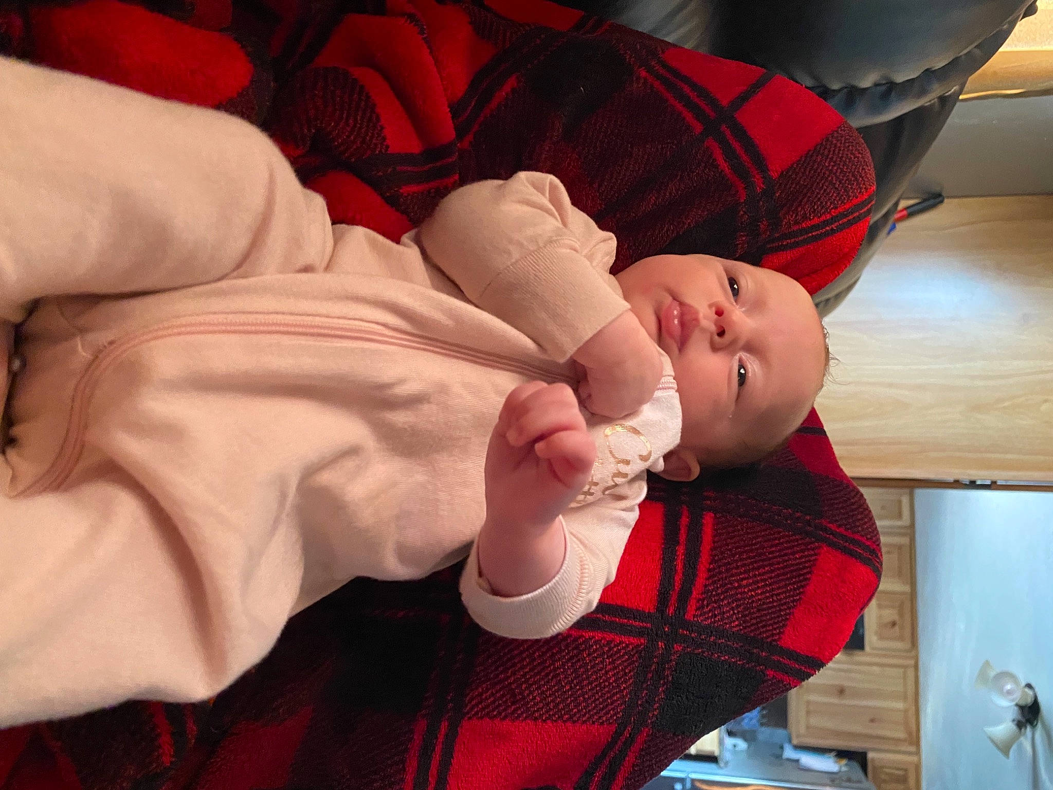 Emberleigh joined the competition — help win amazing prizes! baby, baby_toddler_clothing, carmine, child, comfort, elbow, finger, gesture, human_leg, knee, nail, pattern, person, plaid, red, sleeve, tartan, textile, thumb, toddler