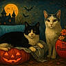 cat, black_and_white_cat, white_cat, jack_o_lantern, pumpkin, flowers, heart_shaped_vase, full_moon, haunted_house, bats, night, spooky, halloween, orange, leaves, tree_branches, sitting, posing, vase, fall