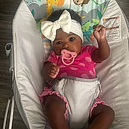 Icylinn is registered to the contest to win money with this photo: baby, infant, pacifier, headband, pink_clothing, baby_rocker, jungle_animals, giraffe, sloth, toucan, wooden_floor, cute, child, indoors, relaxing, raising_hand, white_bow, sitting, fabric, comfort