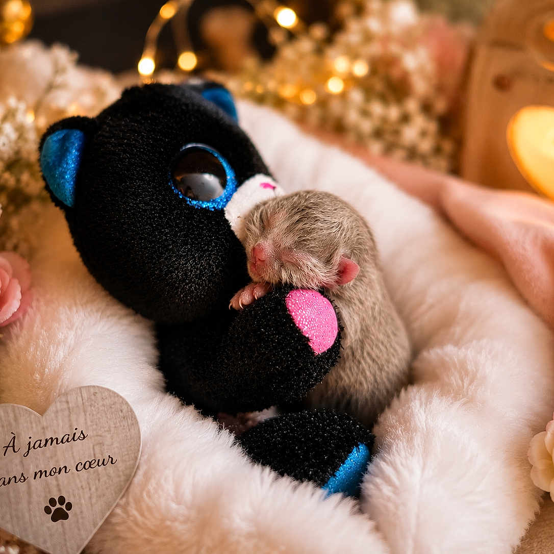 Ponyo participe au concours pour gagner de l'argent avec cette photo : newborn_animal, baby_animal, small_mammal, fur, plush_toy, stuffed_animal, blanket, fleece, flowers, rose, baby_breath, candle, fairy_lights, warm_lighting, heart_decoration, keepsake, paw_print, cozy, still_life, indoor