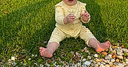 Charlotte joined the competition — help win amazing prizes! baby, child, grass, pebbles, outdoor, yellow_onesie, funny_face, barefoot, sunlight, suburban, tree, car, house, greenery, cute, sitting, nature, daylight, portrait, expression