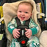Preszley joined the competition — help win amazing prizes! adorable, baby, blanket, blue_eyes, buckle, car_seat, child, cozy, fingers, green, hands, harness, infant, leaf_pattern, onesie, plush_liner, portrait, seat_label, smiling, tongue_out