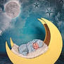 baby, blue, child, costume, crescent_moon, cute, decor, dreamy, fluffy_cushion, full_moon, indoor, night_sky, pajamas, peaceful, portrait, sleeping, soft_lighting, stars, studio, wooden_floor