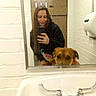 Bruce is registered to the contest to win money with this photo: animal, bathroom, casual, casual_clothing, cute, dog, door, faucet, hand, indoor, long_hair, mirror, person, pet, phone, reflection, selfie, sink, smile, white_wall