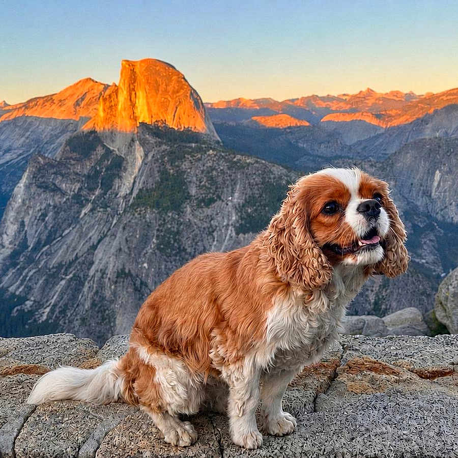 Vague joined the competition — help win amazing prizes! dog, cavalier_king_charles_spaniel, rock, mountain, valley, sunset, nature, outdoor, pet, landscape, scenic, sky, fur, animal, countryside, wildlife, canine, majestic, travel, adventure
