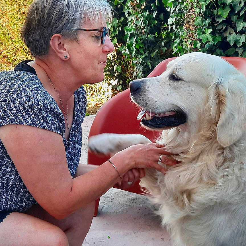 Ulysse a rejoint le concours — aidez-le/la à gagner de superbes lots ! woman, dog, outdoor, garden, ivy, chair, happy, pet, smile, glasses, short_hair, white_dog, fluffy, casual_clothing, greenery, sunlight, interaction, animal, friendship, relaxation