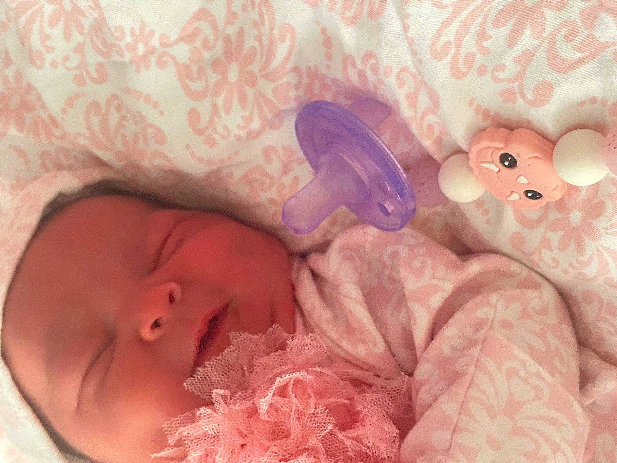 Dixie is registered to the contest to win money with this photo: baby, baby_sleeping, bed, bed_sheet, bedding, bedtime, cheek, child, comfort, eyelash, finger, linens, mammal, person, pink, room, skin, stuffed_toy, textile, toddler