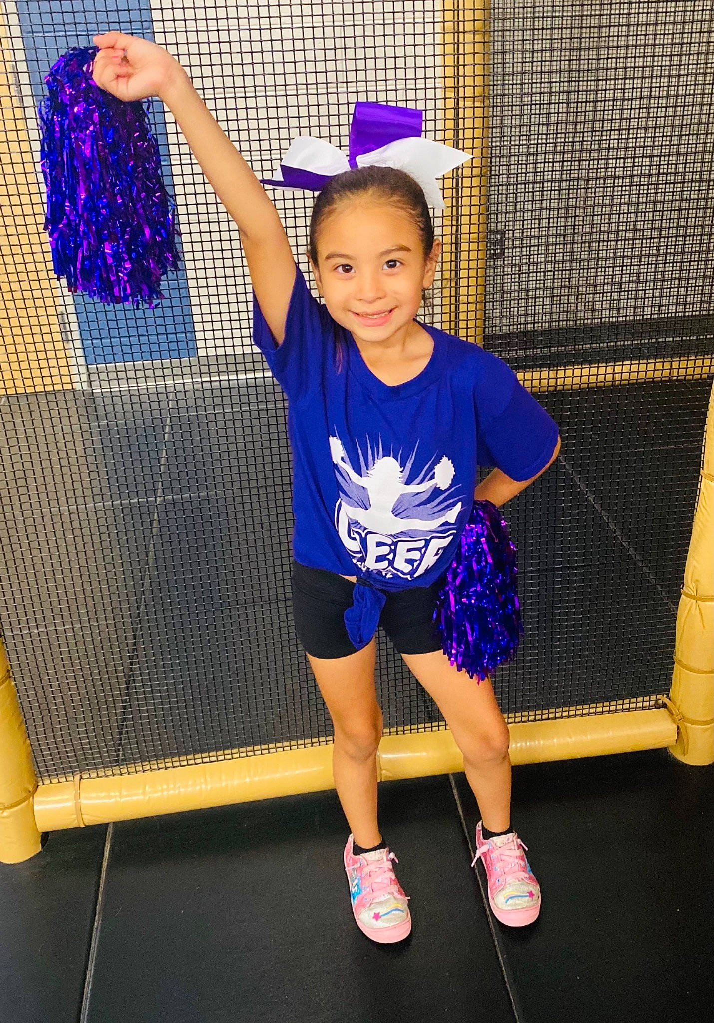 Gianna joined the competition — help win amazing prizes! baby_toddler_clothing, blue, child, electric_blue, entertainment, fun, happy, human_leg, joy, knee, leisure, magenta, person, purple, shorts, smile, sneakers, sportswear, standing, t_shirt