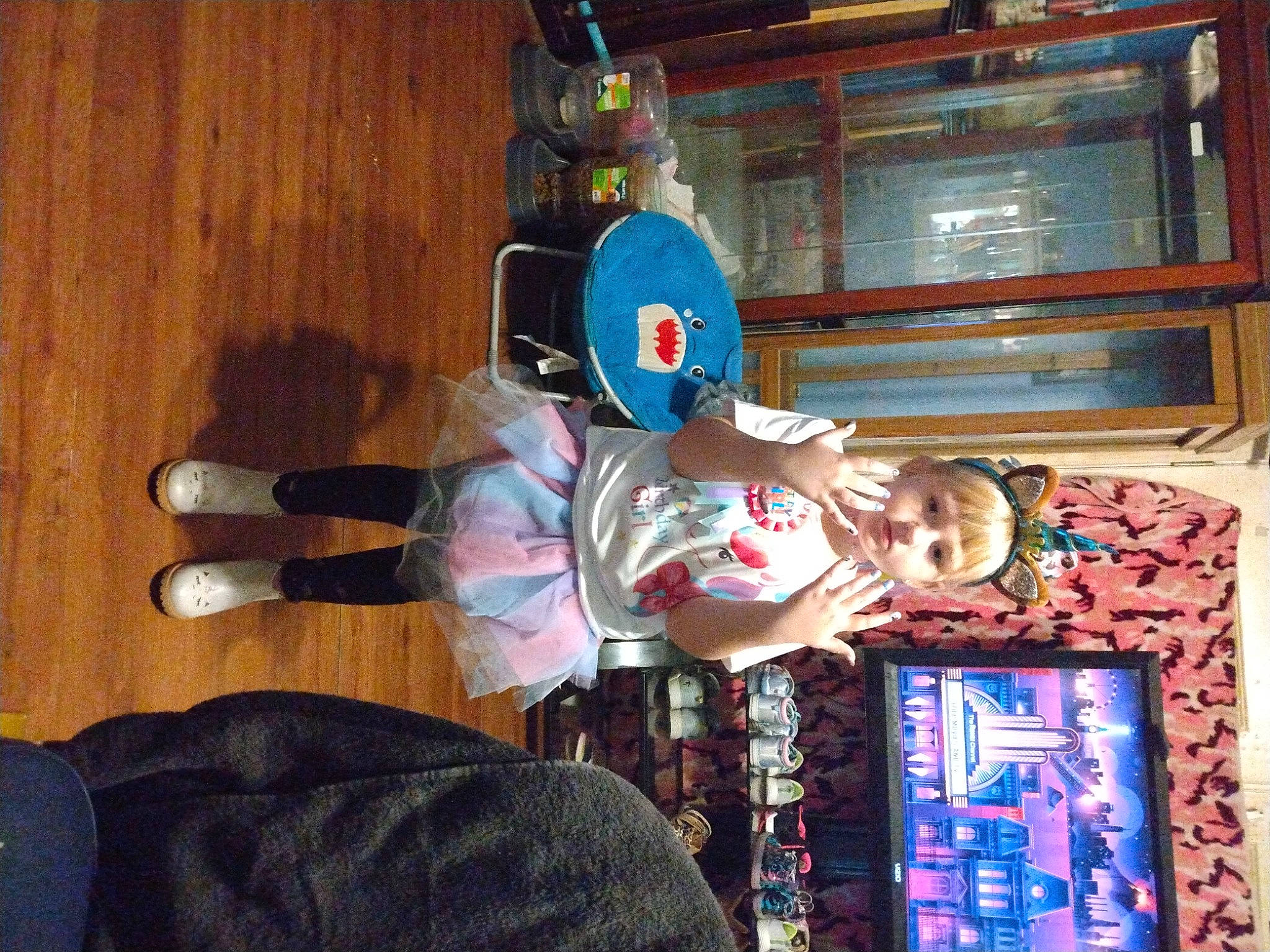 Izabella joined the competition — help win amazing prizes! carmine, child, flooring, fun, hardwood, hat, machine, person, recreation, room, sportswear, t_shirt, toddler, walking_shoe, wood, world