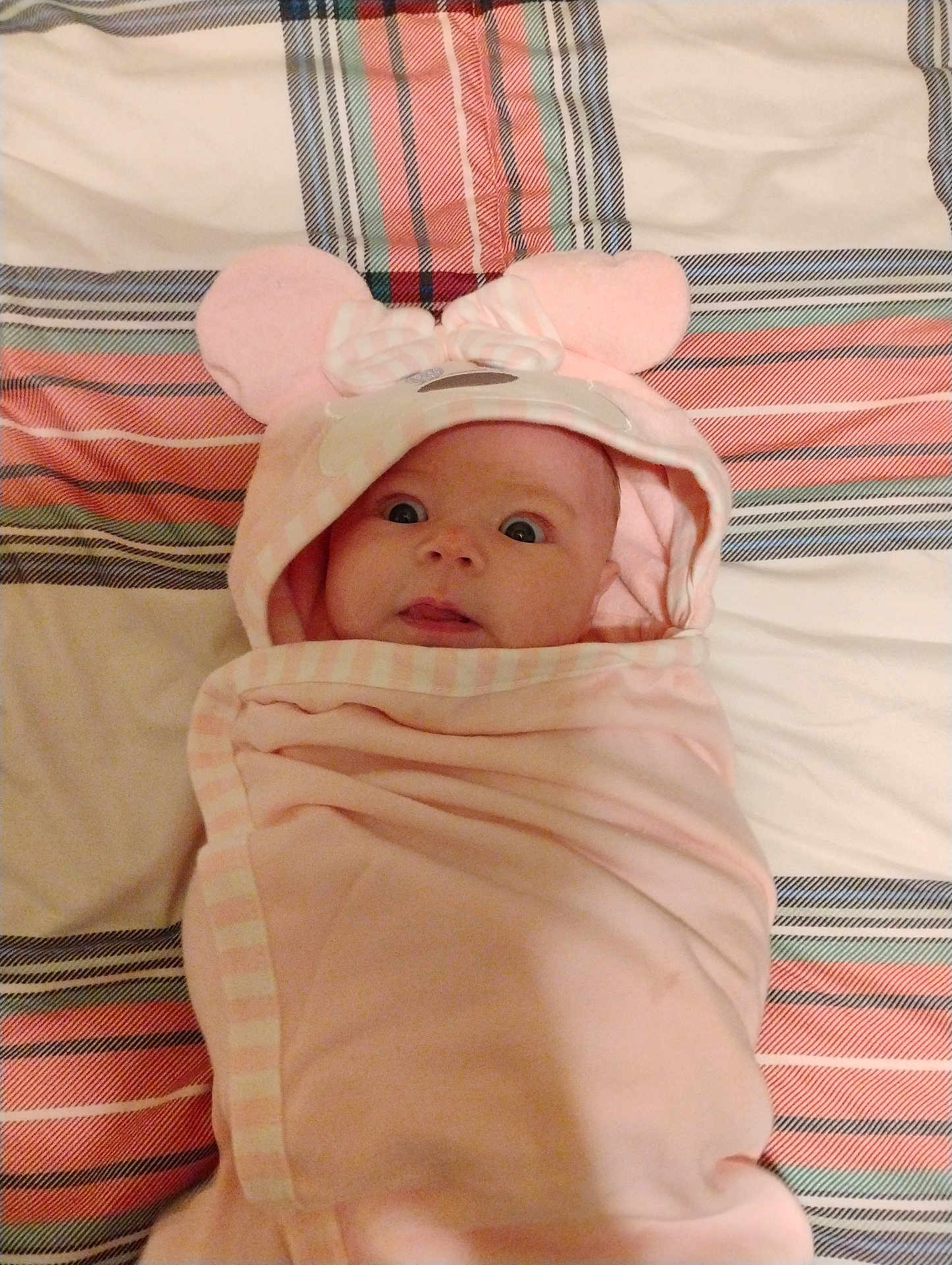 Dianne joined the competition — help win amazing prizes! baby, infant, wrapped, pink_blanket, hood, mouse_ears, cute, bedspread, striped, wide_eyes, surprised, curious, tongue, lying_down, soft, comfortable, child, person, indoors, portrait