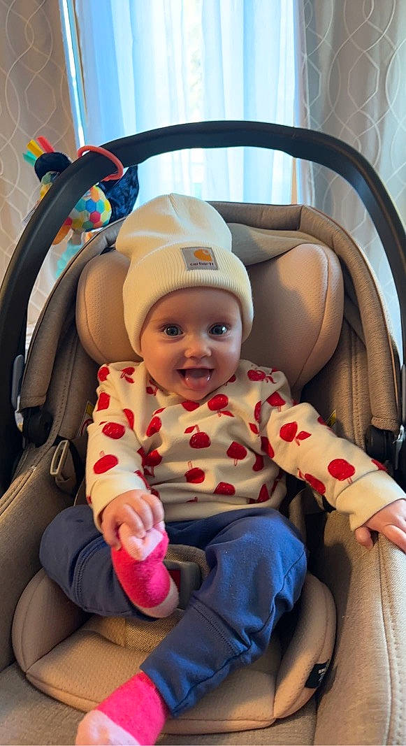 Addison joined the competition — help win amazing prizes! auto_part, baby, baby_carriage, baby_in_car_seat, baby_products, baby_safety, baby_toddler_clothing, car_seat, chair, child, comfort, fun, happy, headwear, lap, leisure, person, personal_protective_equipment, service, sitting