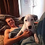 Mickey is registered to the contest to win money with this photo: bed, blanket, dog, person, smile, indoor, young_adult, canine, comfort, pillow, resting, relaxation, shirtless, paw, face, fur, window, curtain, remote_control, cuddle