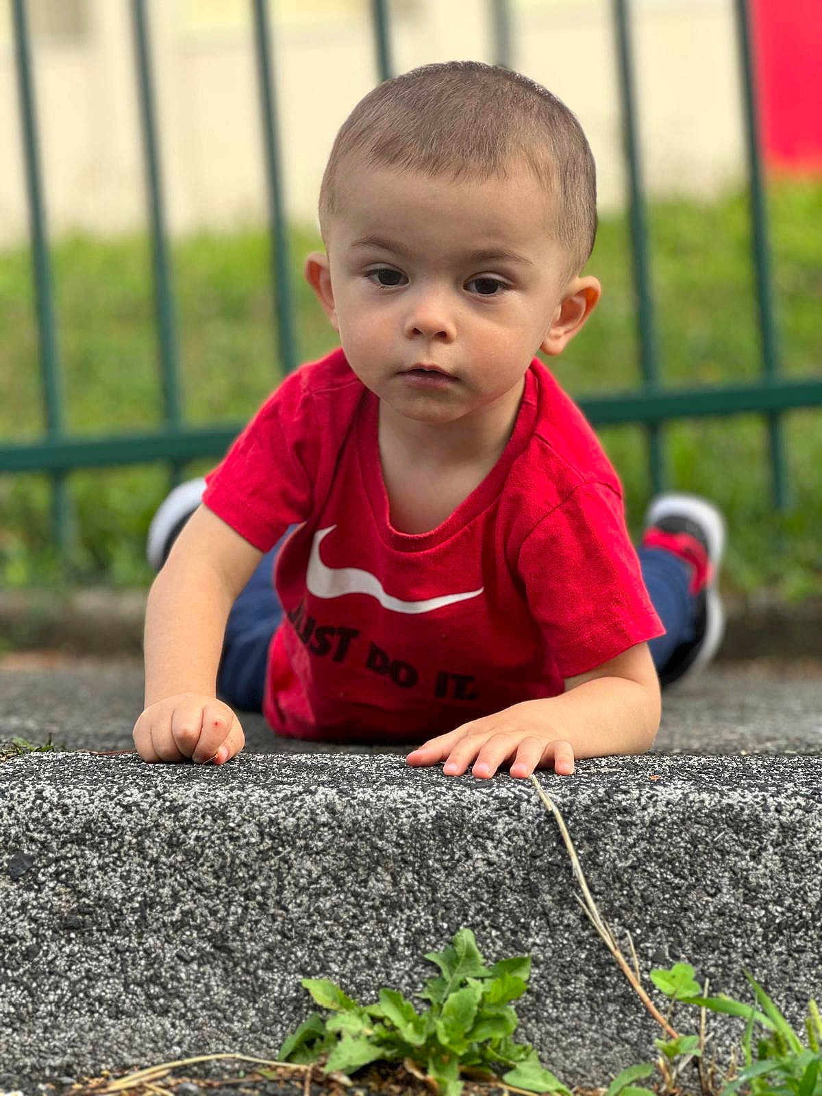 Lény a rejoint le concours — aidez-le/la à gagner de superbes lots ! toddler, child, red_shirt, outdoor, grass, fence, curious, face, hands, concrete, greenery, young_child, casual_clothing, nature, portrait, daylight, expression, looking, person, shoe