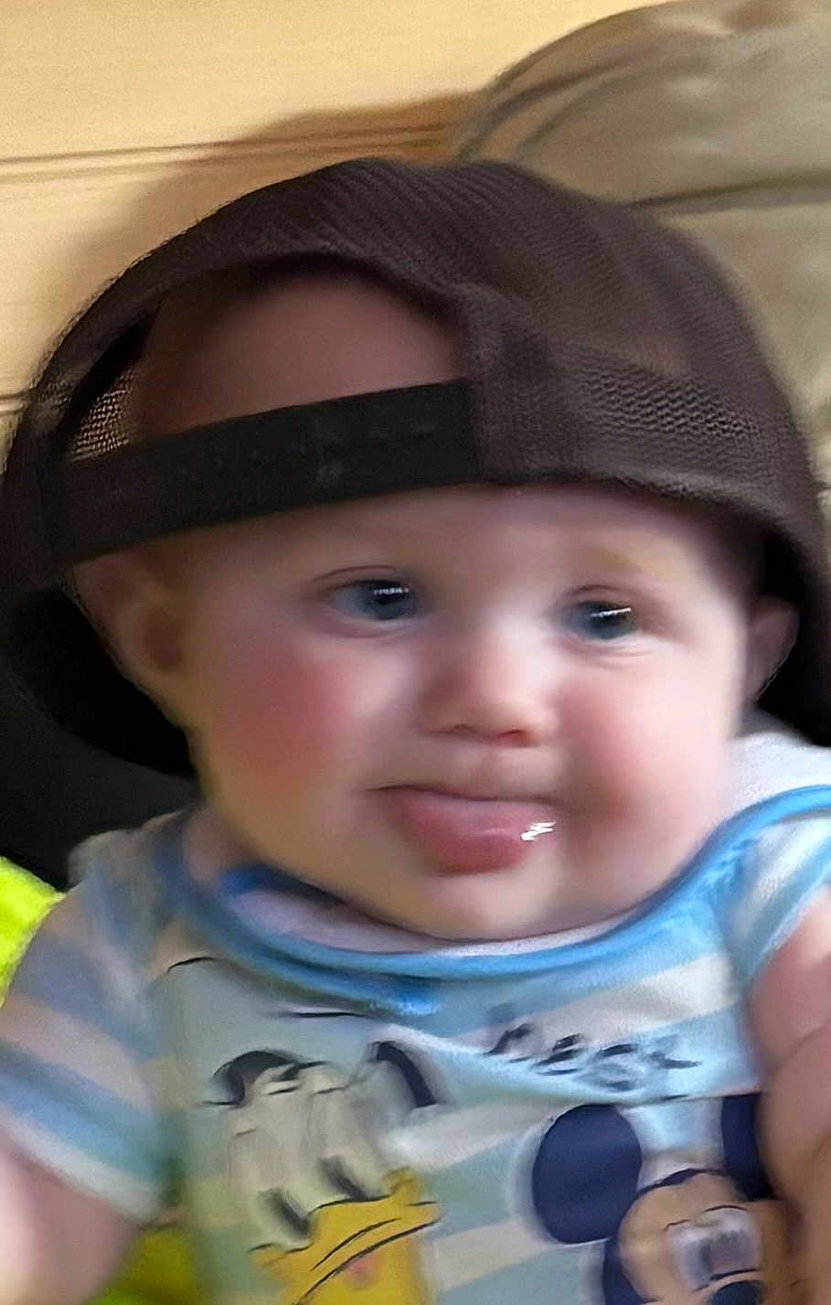 Kayson joined the competition — help win amazing prizes! baby, child, cap, hat, blue_eyes, tongue_out, striped_shirt, cartoon_characters, cute, playful, indoor, closeup, face, infant, person, apparel, headwear, smile, young_child, baby_clothes