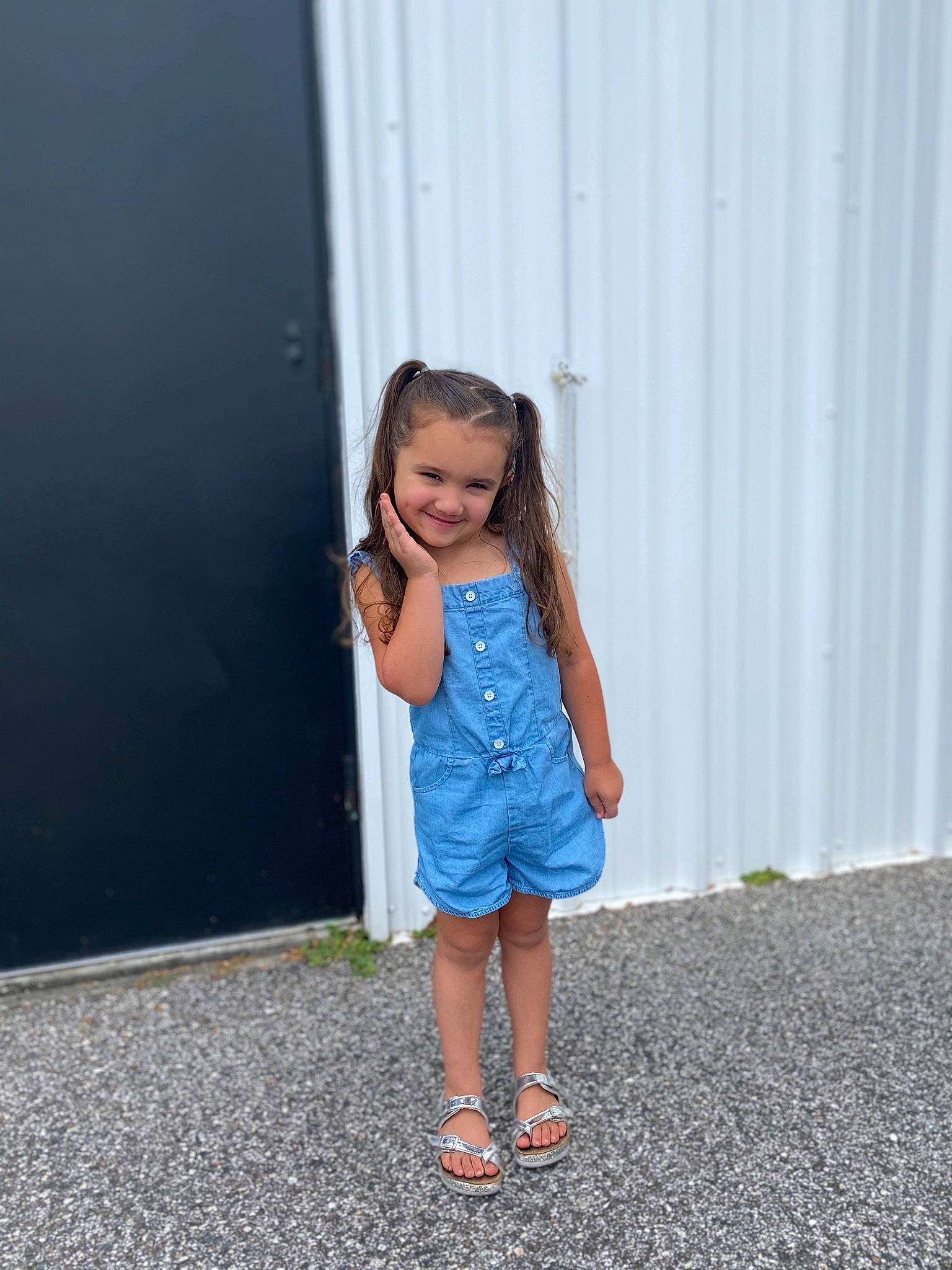 Ava-lee is registered to the contest to win money with this photo: blue, child, denim, dress, footwear, jeans, joy, person, photography, shoe, shoulder, smile, standing, summer, textile, toddler, vacation