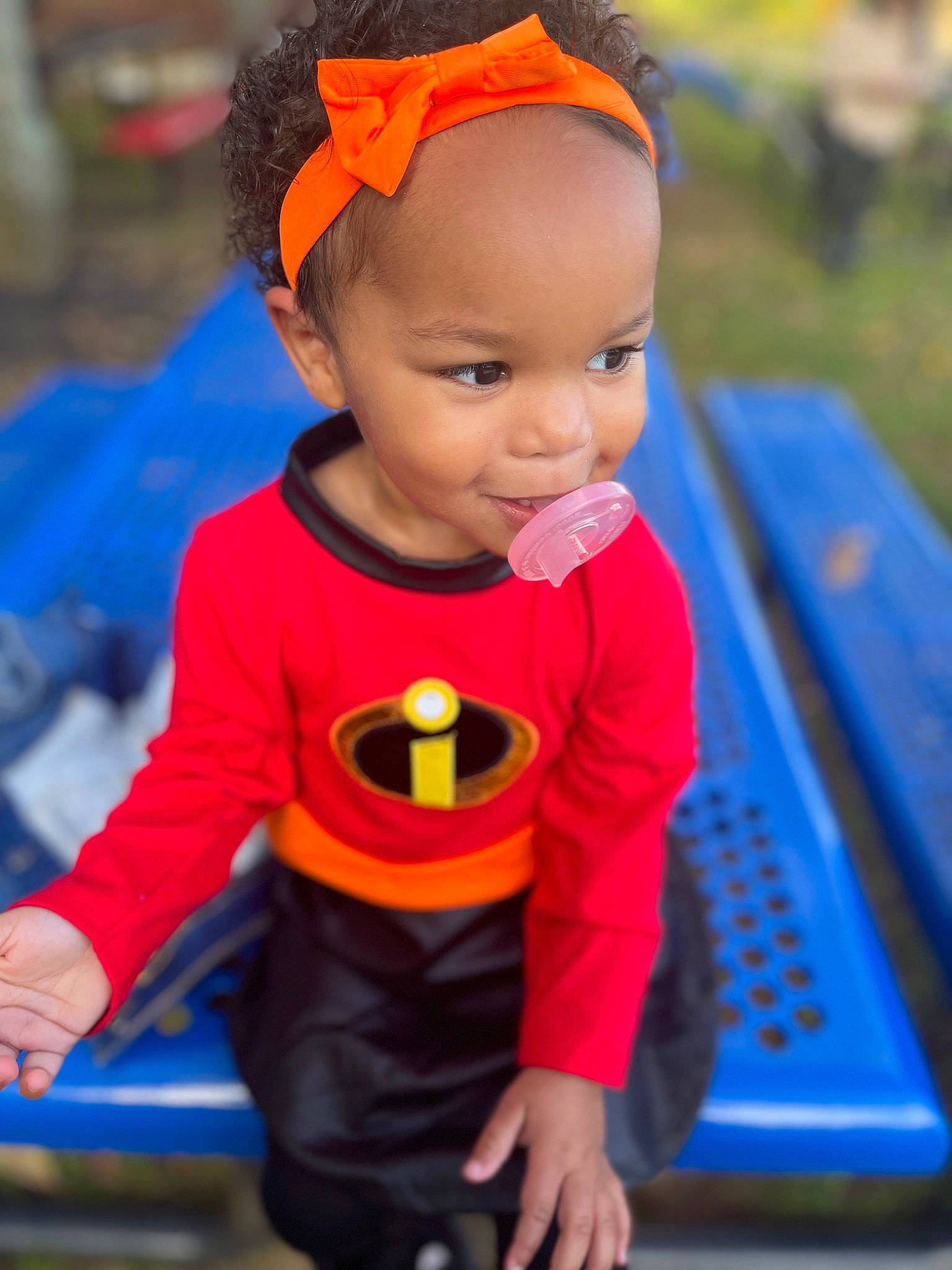 Luna is registered to the contest to win money with this photo: baby, baby_toddler_clothing, cap, child, costume, electric_blue, fictional_character, fun, happy, head, magenta, orange, person, personal_protective_equipment, play, product, smile, standing, toddler, toy