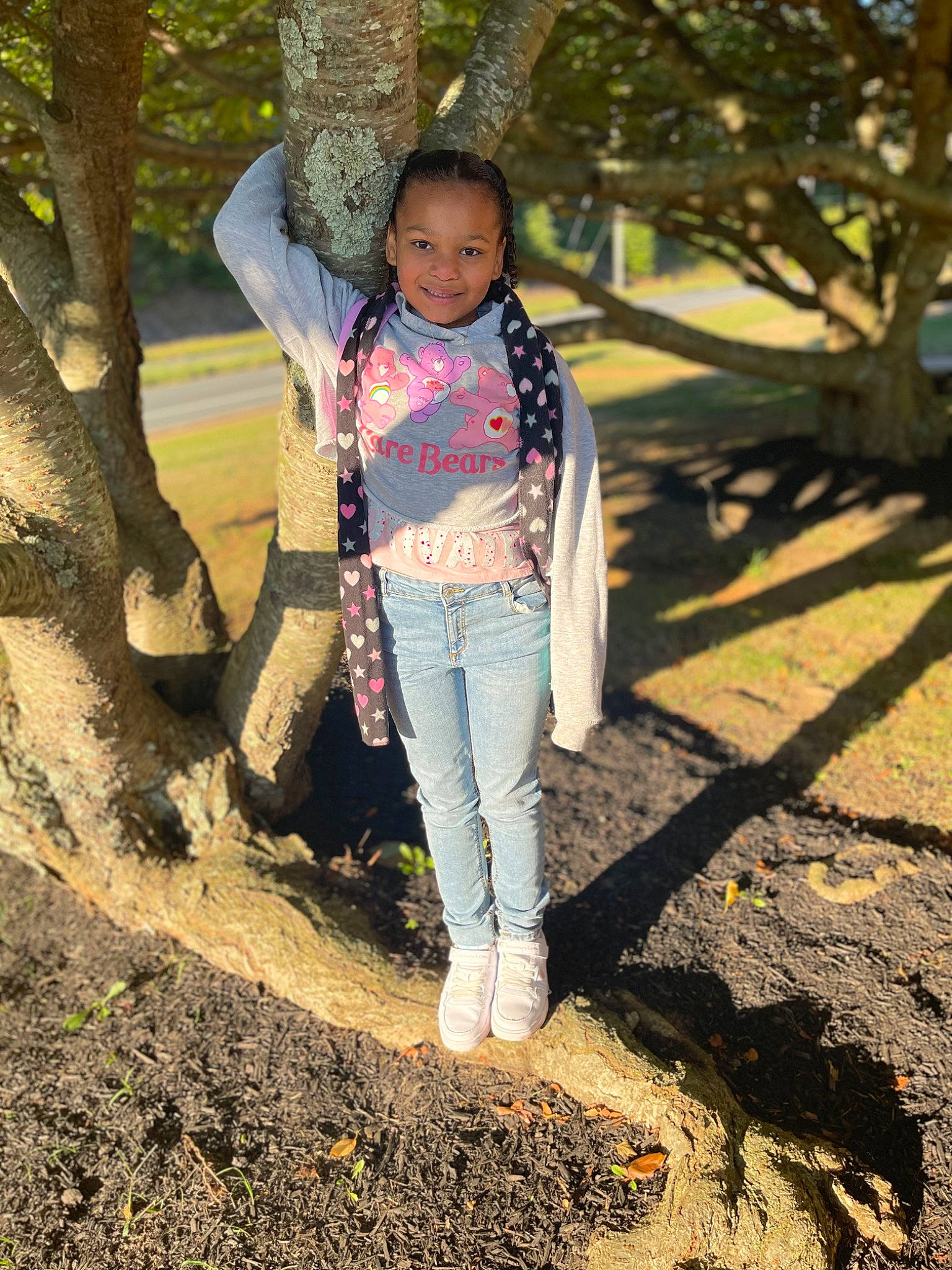 Brianna joined the competition — help win amazing prizes! deciduous, denim, grass, hairstyle, happy, jacket, jeans, joy, landscape, leaf, leg, leisure, people_in_nature, person, plant, tints_and_shades, toddler, tree, trunk, wood