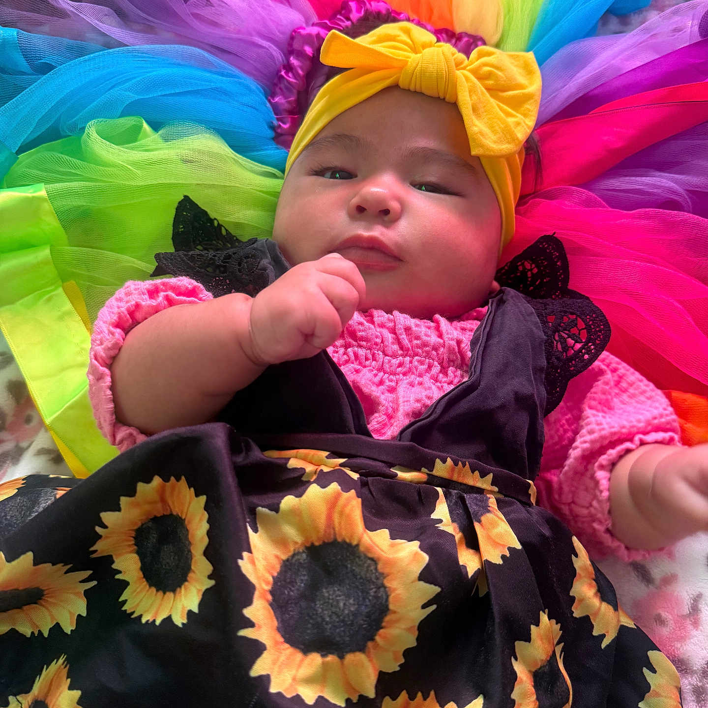 Candace is registered to the contest to win money with this photo: baby, bow, bright_colors, child, chubby_cheeks, colorful_clothing, cozy, cute, fabric, hand, headband, indoors, infant, plush_toys, portrait, rainbow_colors, smiling, soft_toys, sunflower_dress, tulle