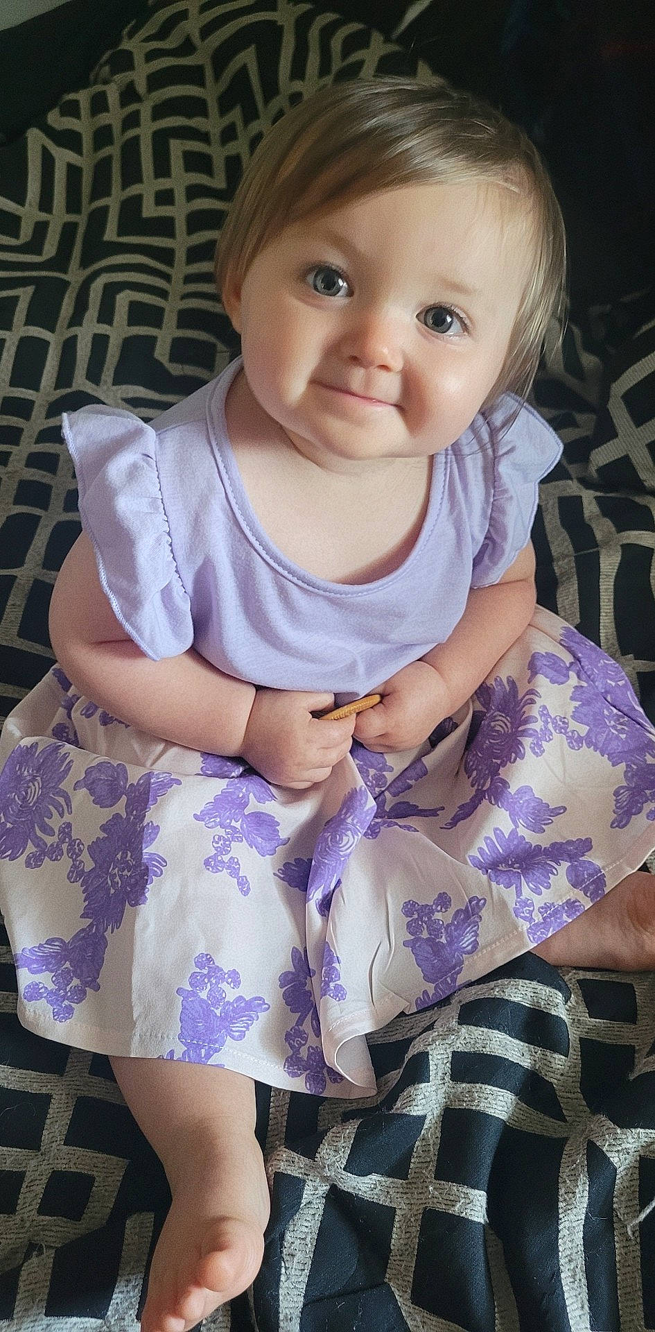 Kyrah joined the competition — help win amazing prizes! baby_toddler_clothing, cheek, child, dress, eye, face, iris, organ, pattern, person, pink, purple, sitting, skin, sleeve, smile, t_shirt, textile, thigh, toddler