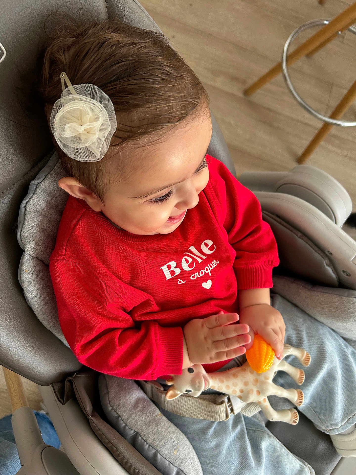 Emili participe au concours pour gagner de l'argent avec cette photo : toddler, child, smiling, red_sweater, toy, giraffe_toy, hair_clip, high_chair, indoor, wooden_floor, happy, cute, baby, clothing, seat_belt, person, playful, hands, face, casual