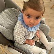 Emili a rejoint le concours — aidez-le/la à gagner de superbes lots ! baby, blue_collar, checked_dress, child, cushion, cute, flooring, furniture, hair_accessory, high_chair, holding, indoor, infant, looking_up, portrait, seat, skin, small_hands, white_shoes, white_tights